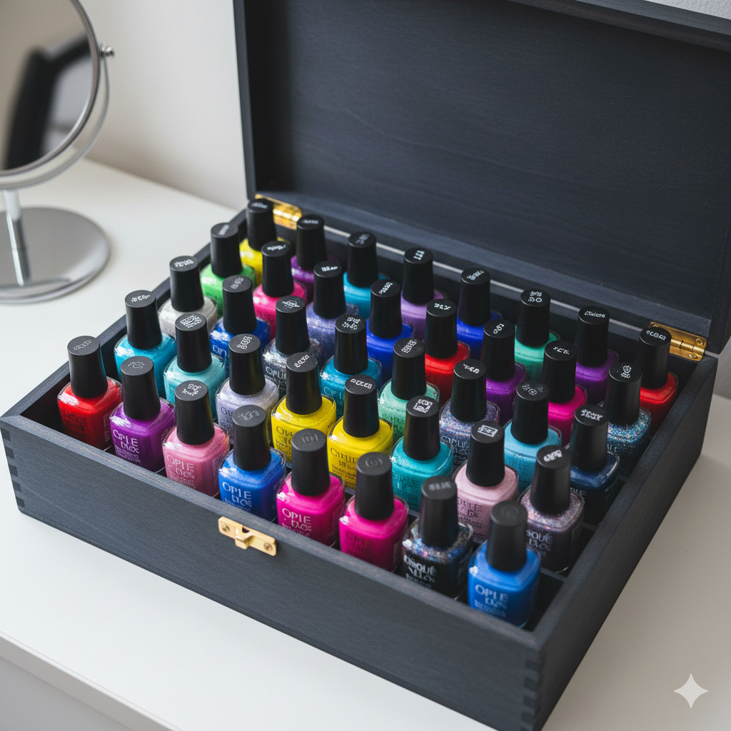 Coleção de esmaltes coloridos organizados em pé dentro de uma caixa escura e fresca.