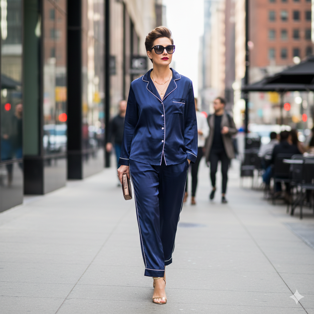 Mulher usando conjunto de pijama de seda azul marinho com sandálias de salto, estilo pajama chic.