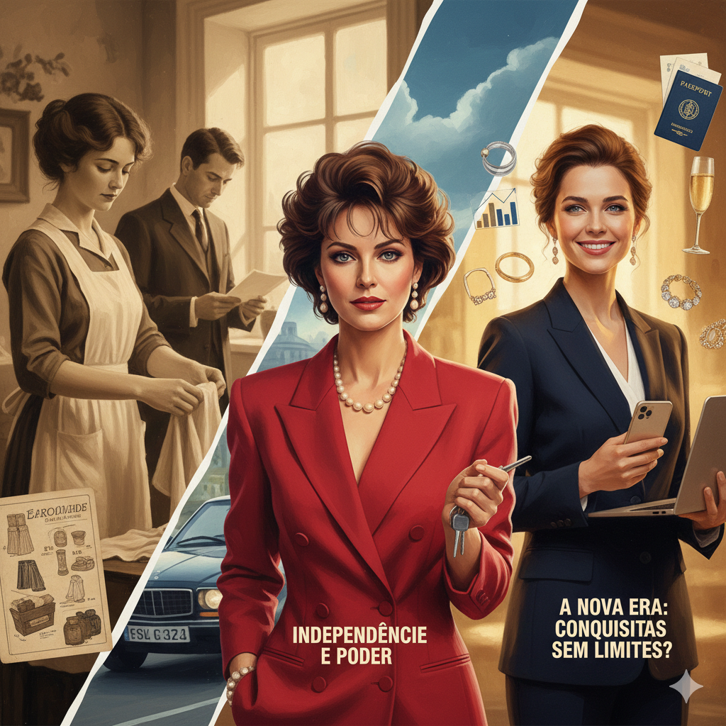 Uma composição visual em três painéis que narra as conquistas femininas. À esquerda, uma mulher em tons sépia representa o passado doméstico, lavando roupas sob o olhar de um homem. No centro, uma "Power Woman" dos anos 80, com blazer vermelho de ombreiras largas e joias de pérolas, segurando chaves de um carro de luxo. À direita, a mulher contemporânea, sorridente mas cercada por ícones de tecnologia, gráficos e passaporte, simbolizando a era das conquistas globais. A imagem contém os textos "Independência e Poder" e "A Nova Era: Conquistas Sem Limites?