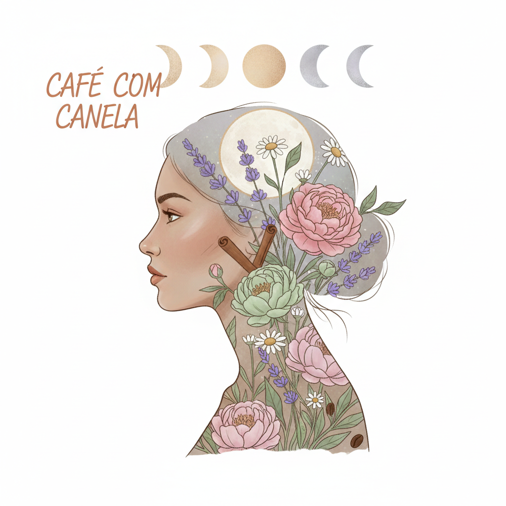 Ilustração artística e delicada de uma mulher em perfil, com elementos da natureza e flores desabrochando dentro da silhueta de sua cabeça. Ao fundo, fases lunares discretas representam a ciclicidade. A imagem evoca a conexão profunda entre os hormônios e as emoções, transmitindo acolhimento e autoconhecimento sobre o impacto da menstruação na mente.