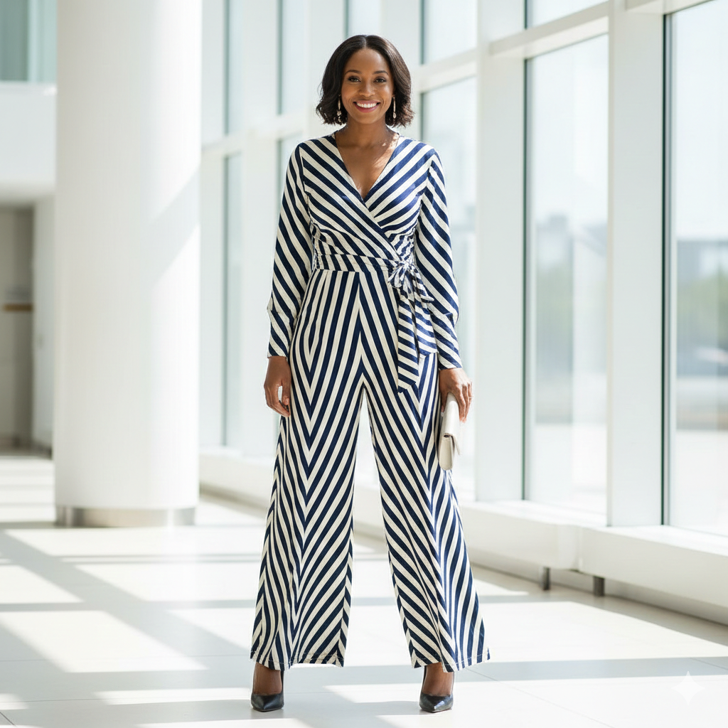 Mulher negra sorridente vestindo um macacão elegante com estampa de listras diagonais em azul marinho e branco. O design transpassado na cintura e as listras em diversos ângulos ilustram como o padrão visual cria movimento e suaviza a barriga.