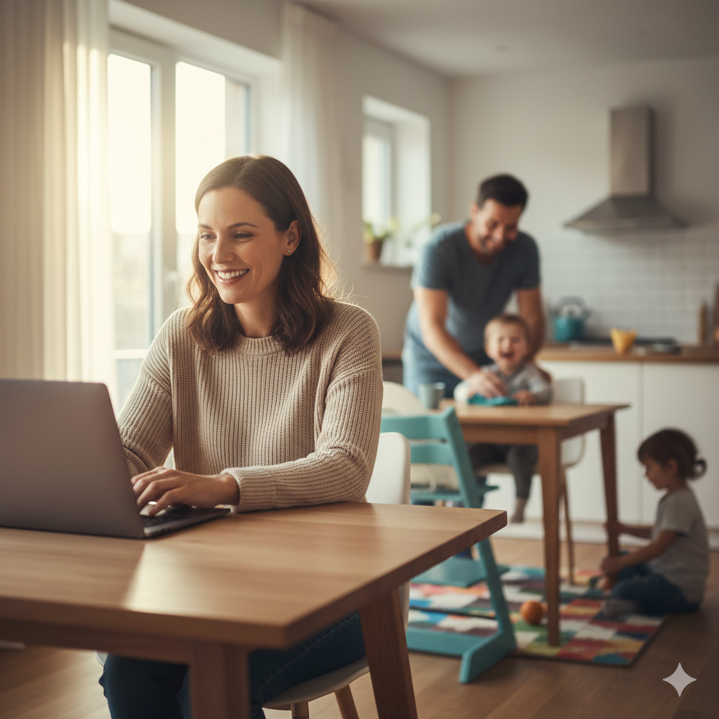 Mulher sorridente em sua mesa de trabalho enquanto o parceiro, ao fundo, cuida das tarefas domésticas ou das crianças. A cena ilustra o conceito de rede de apoio e divisão de tarefas, trazendo equilíbrio para a mulher multitarefa.