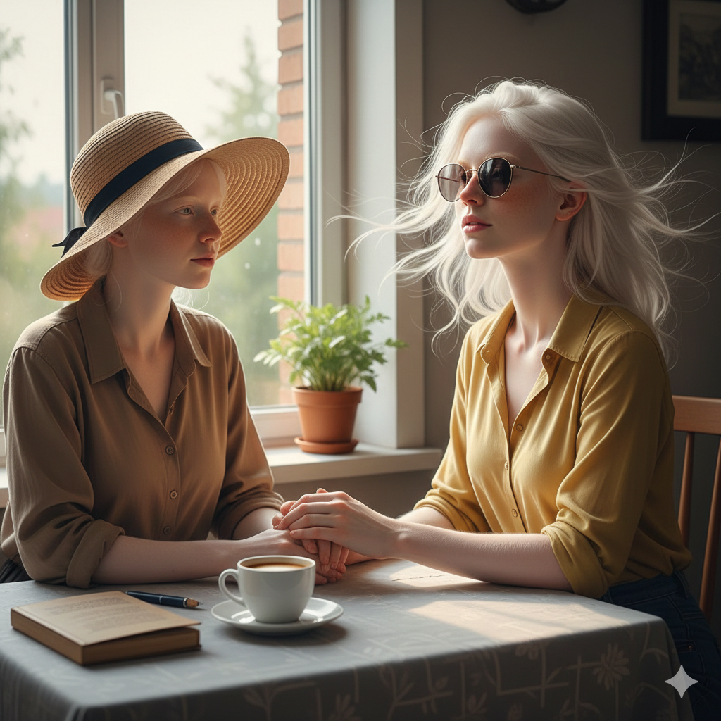 Duas mulheres albinas de pele clara e cabelos brancos sentadas à mesa de um café, segurando as mãos em um gesto de apoio e união. Uma usa chapéu de palha e a outra óculos escuros, simbolizando os cuidados necessários com a pele e os olhos. A cena é banhada por uma luz suave e transmite acolhimento.
