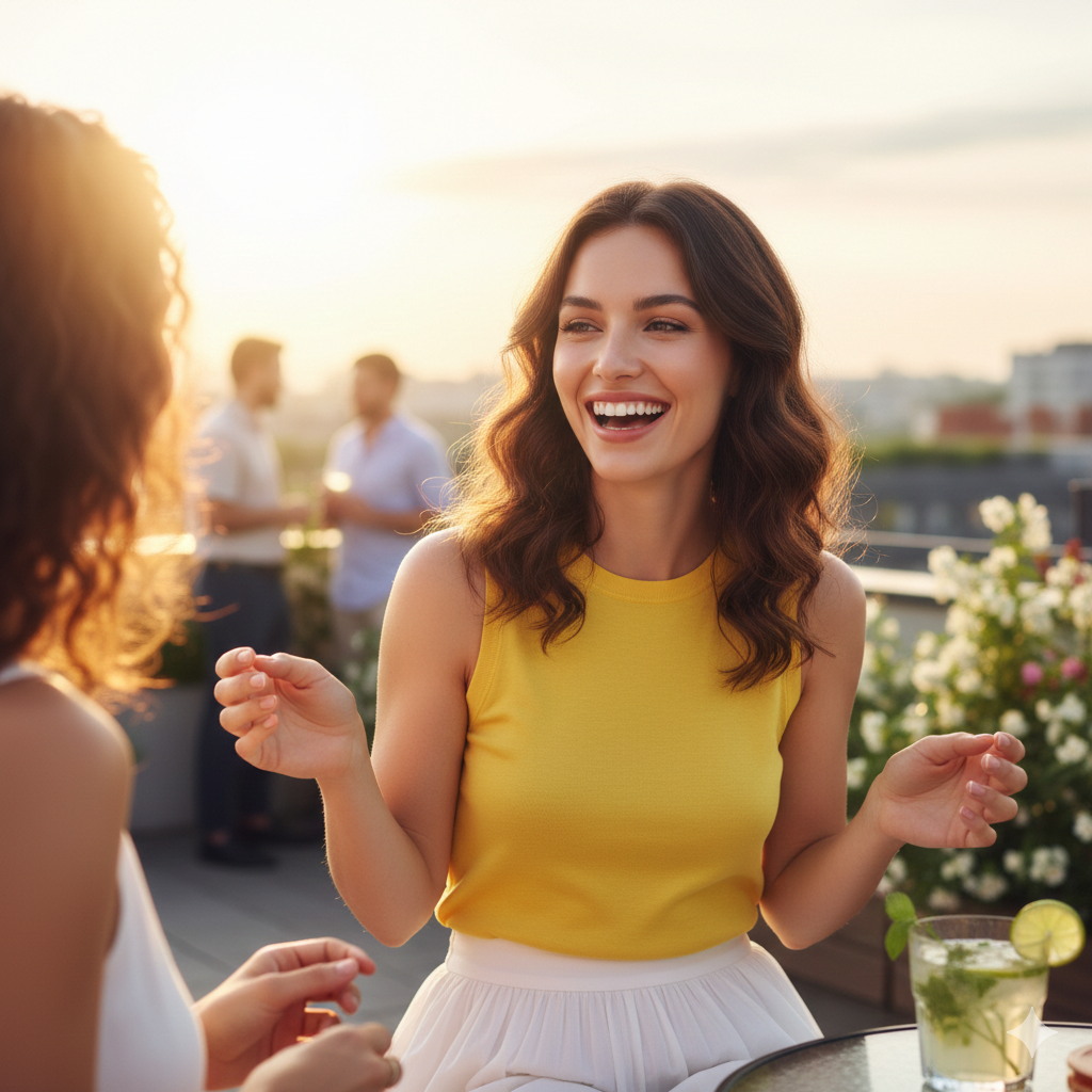 Uma mulher radiante e cheia de energia rindo durante uma conversa em um evento ao ar livre (rooftop) ao pôr do sol. Ela veste uma blusa amarela vibrante e está em um ambiente social descontraído com amigos ao fundo. A imagem transmite sociabilidade, confiança e vitalidade.