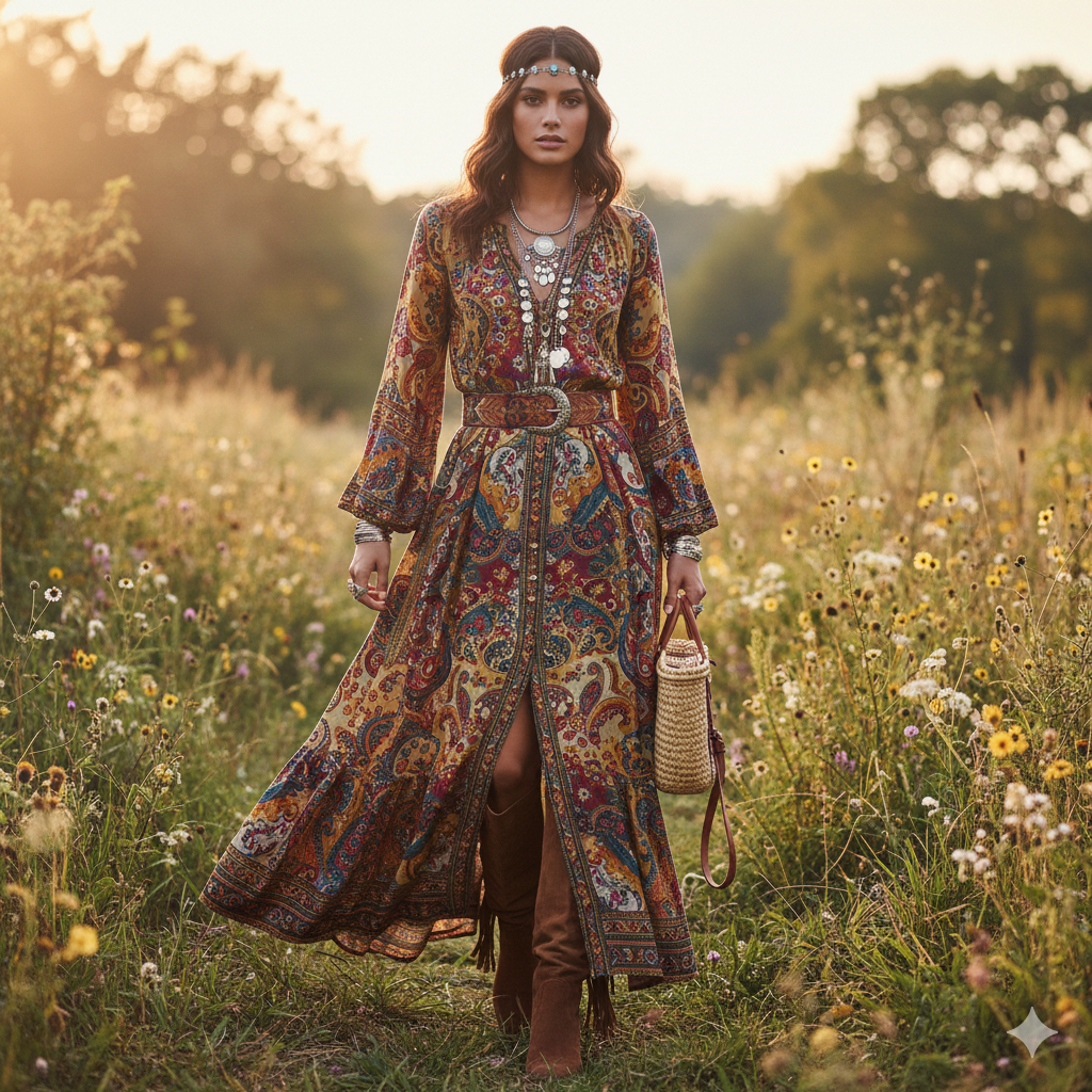 Modelo vestindo o estilo Boho Chic em uma rua urbana: túnica de seda clara com bordados dourados, colete de couro preto com franjas, calça jeans ajustada, botas de camurça e chapéu de abas largas, exemplificando o equilíbrio entre texturas nobres e elementos pesados.