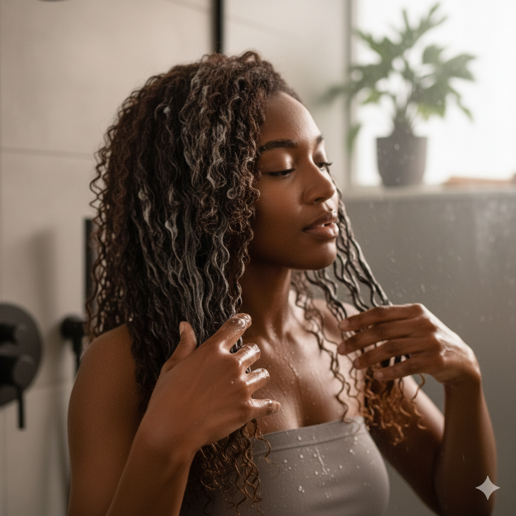 Detalhe das mãos de uma mulher separando o cabelo úmido em pequenas fitas ou mechas finas usando os dedos como um pente. O cabelo está com creme de pentear, mostrando a separação precisa que a técnica de fitagem proporciona para uma definição duradoura.