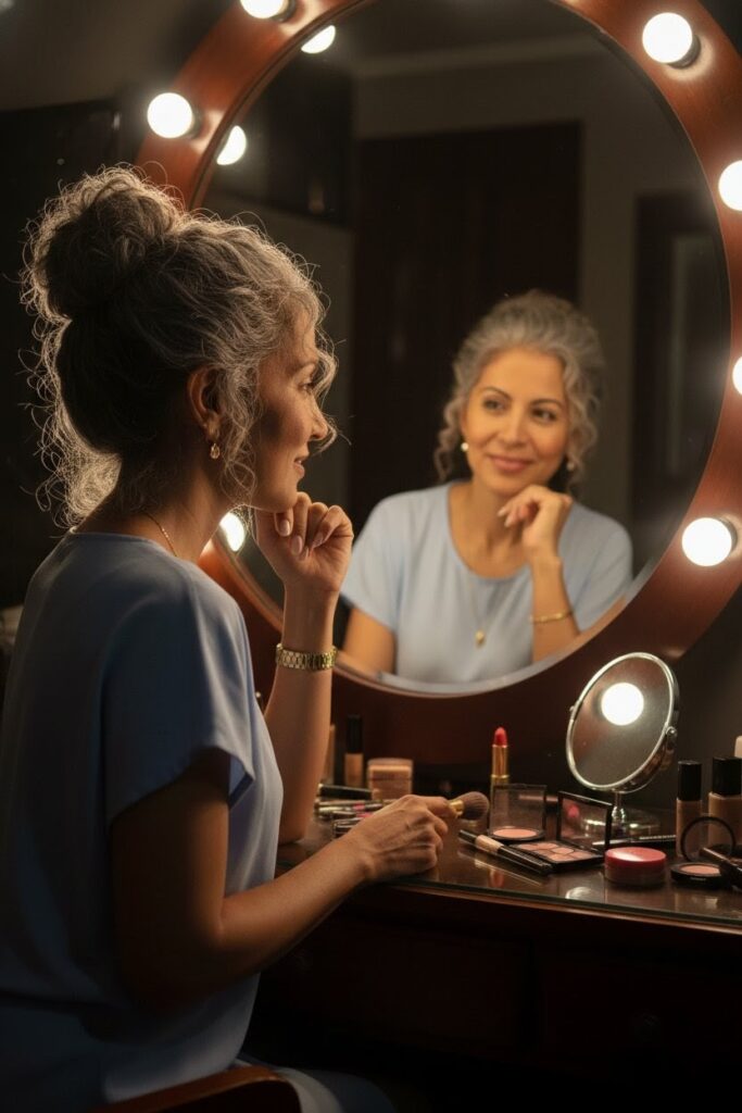 Mulher sorridentel, em um momento de introspecção e paz, representando a liberdade e a autoaceitação do próprio corpo em um ambiente iluminado.