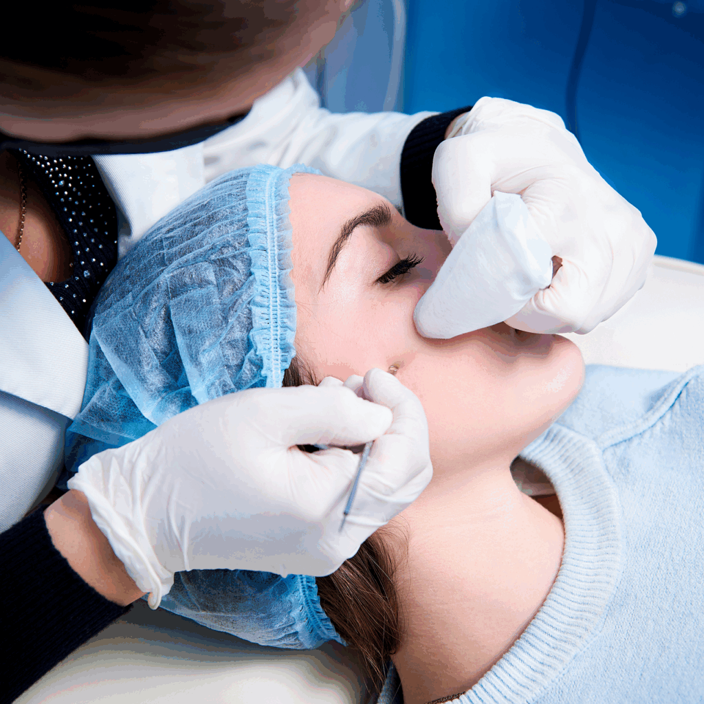 Close-up do rosto de uma mulher recebendo um tratamento estético facial com luz suave. É possível ver a textura da pele bem cuidada e o ambiente clínico sofisticado ao fundo, ilustrando a busca por rejuvenescimento e autocuidado.
