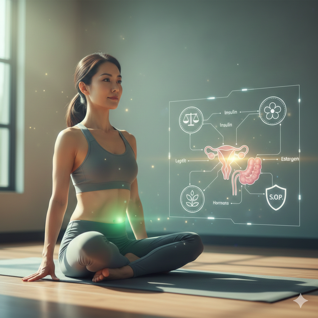 Mulher sentada em posição de meditação com uma interface digital flutuante à sua frente mostrando o sistema reprodutor feminino e ícones de hormônios como insulina, leptina e estrogênio, ilustrando o equilíbrio hormonal através do emagrecimento consciente.