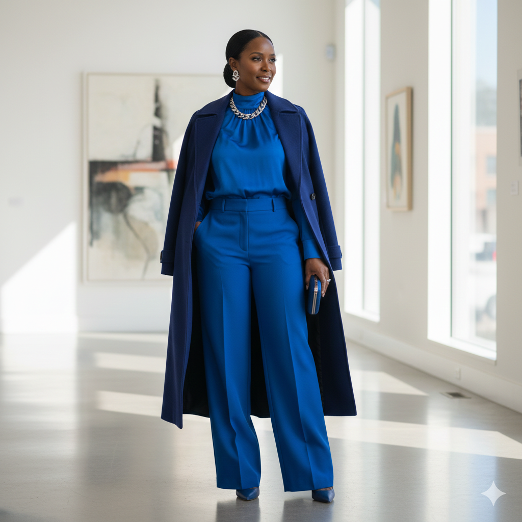 Mulher vestindo um look monocromático em tons de azul royal, demonstrando uma combinação de cores estilo harmônicos que alongam a silhueta feminina.