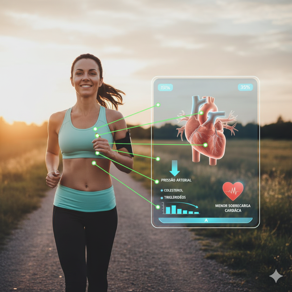 Mulher sorridente correndo ao ar livre durante o pôr do sol, acompanhada por um gráfico holográfico que exibe um coração humano, indicadores de pressão arterial, colesterol e triglicerídeos em queda, simbolizando a melhoria da saúde cardiovascular