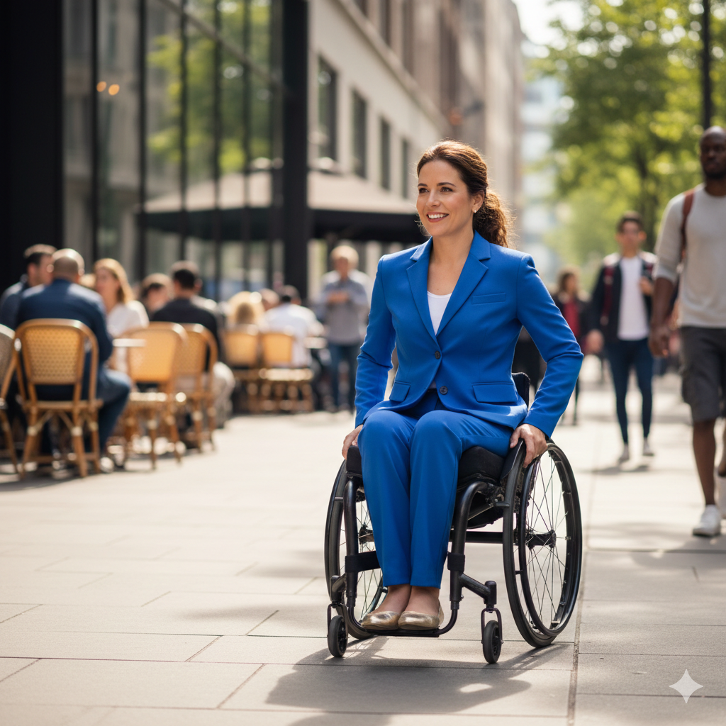 A stylish woman in a wheelchair wearing a custom-tailored blazer and chic trousers, smiling while navigating a sunny urban setting.