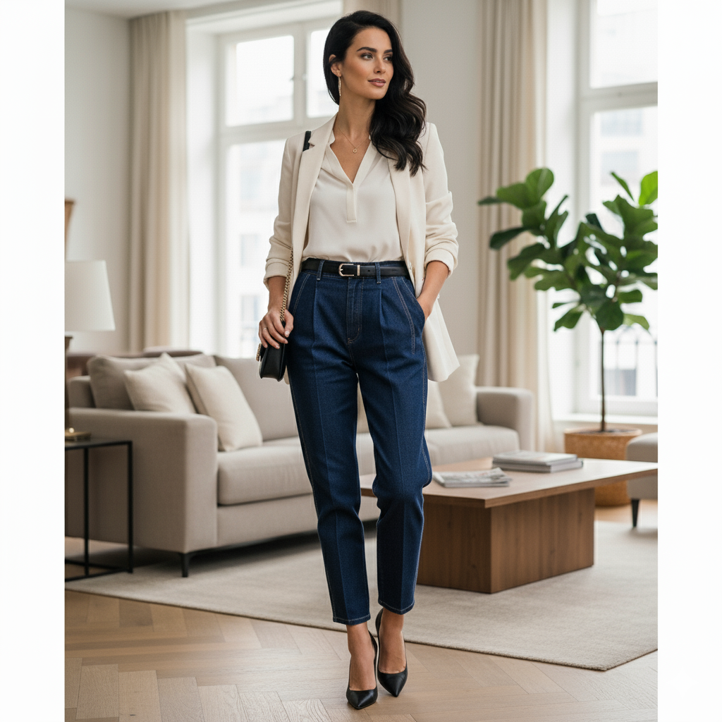 Plano de cuerpo entero de una mujer luciendo un look casual elegante con 'el jeans' de corte recto y tacones, destacando la versatilidad de la prenda en la moda femenina.