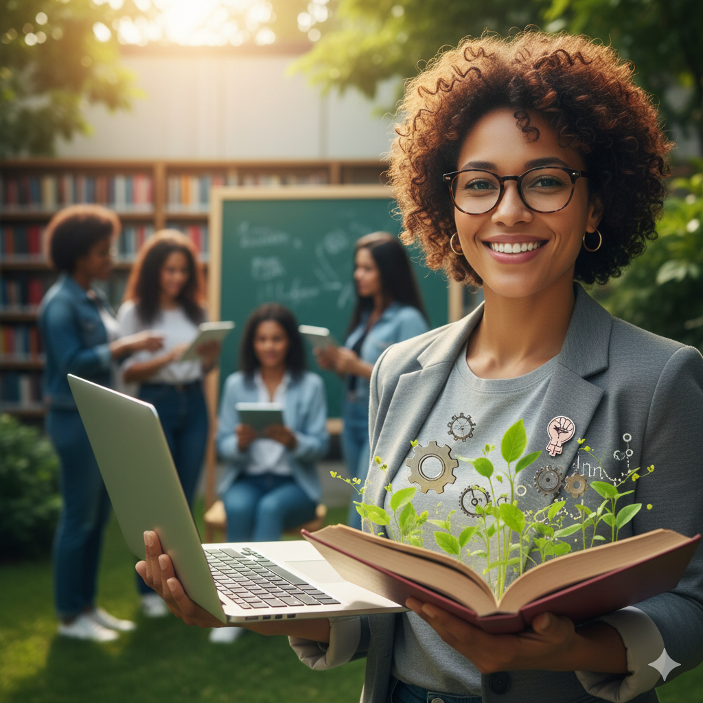 Mulher negra sorridente segurando um notebook e um livro aberto de onde brotam plantas verdes, simbolizando o crescimento através da educação feminina. Ao fundo, outras mulheres estudam em um ambiente de biblioteca ao ar livre.