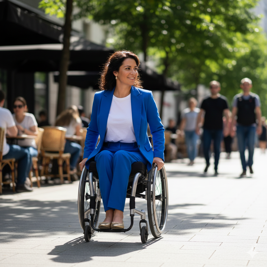 Una mujer elegante en silla de ruedas vistiendo un conjunto azul vibrante de chaqueta y pantalón, sonriendo en un entorno urbano soleado.