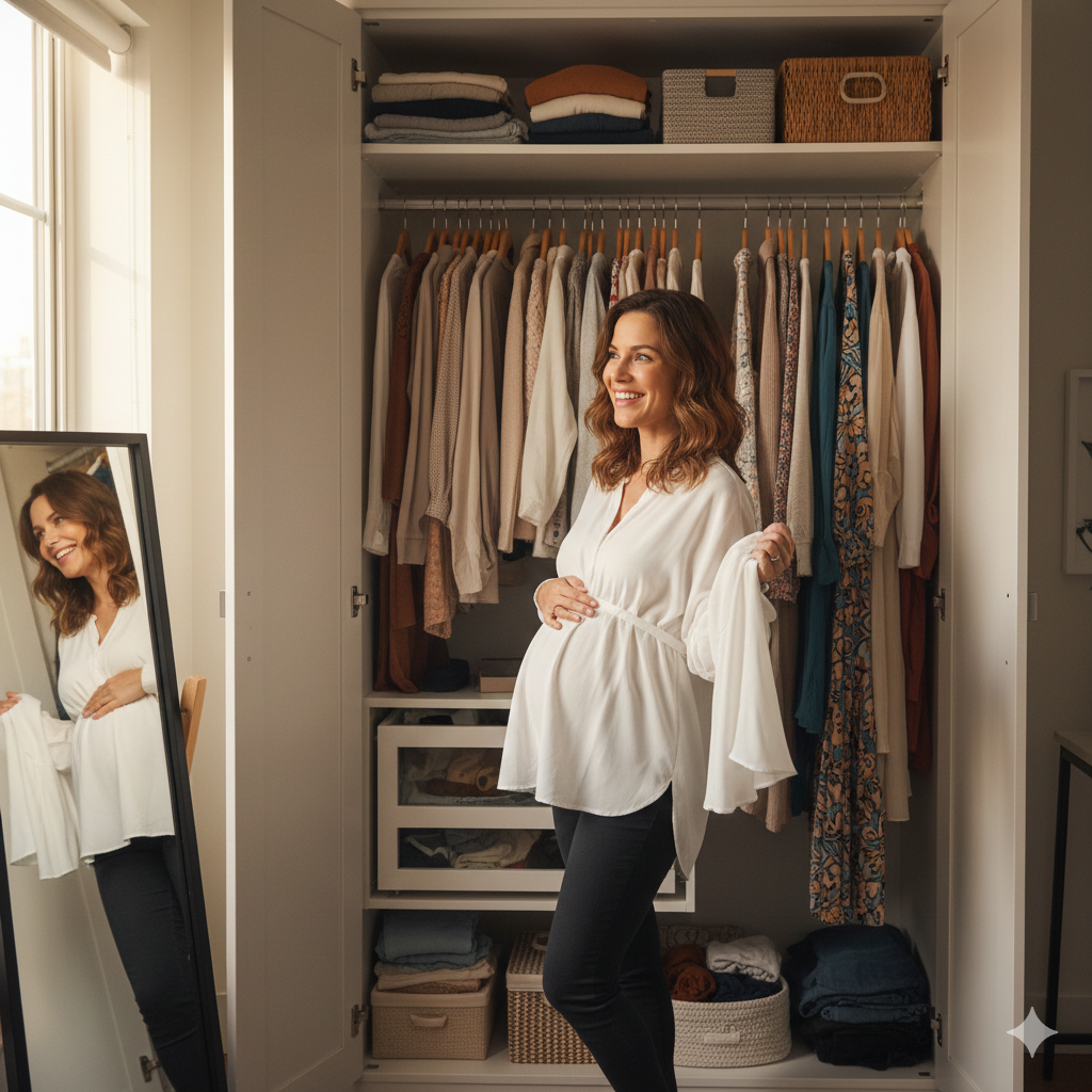 A pregnant woman smiling while looking into an open closet, rediscovering her wardrobe to create stylish and comfortable maternity looks.