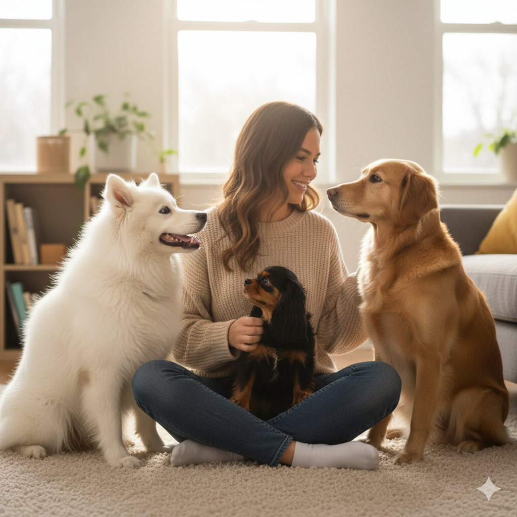 Mulher sentada no chão trocando um olhar carinhoso com seus cães, simbolizando lealdade.