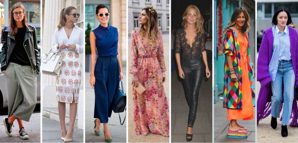 Painel visual mostrando sete mulheres com looks distintos, representando do estilo romântico ao dramático urbano, ilustrando a diversidade da moda.