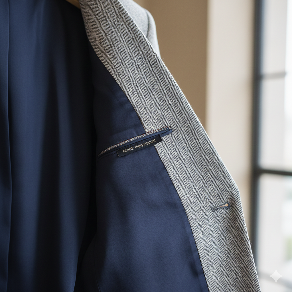 Close-up do interior de um blazer cinza com estampa espinha de peixe, revelando um forro de viscose azul marinho acetinado. Uma etiqueta interna indica "FORRO: 100% VISCOSE", destacando o acabamento de alto padrão e a escolha de materiais que permitem a respirabilidade da pele.