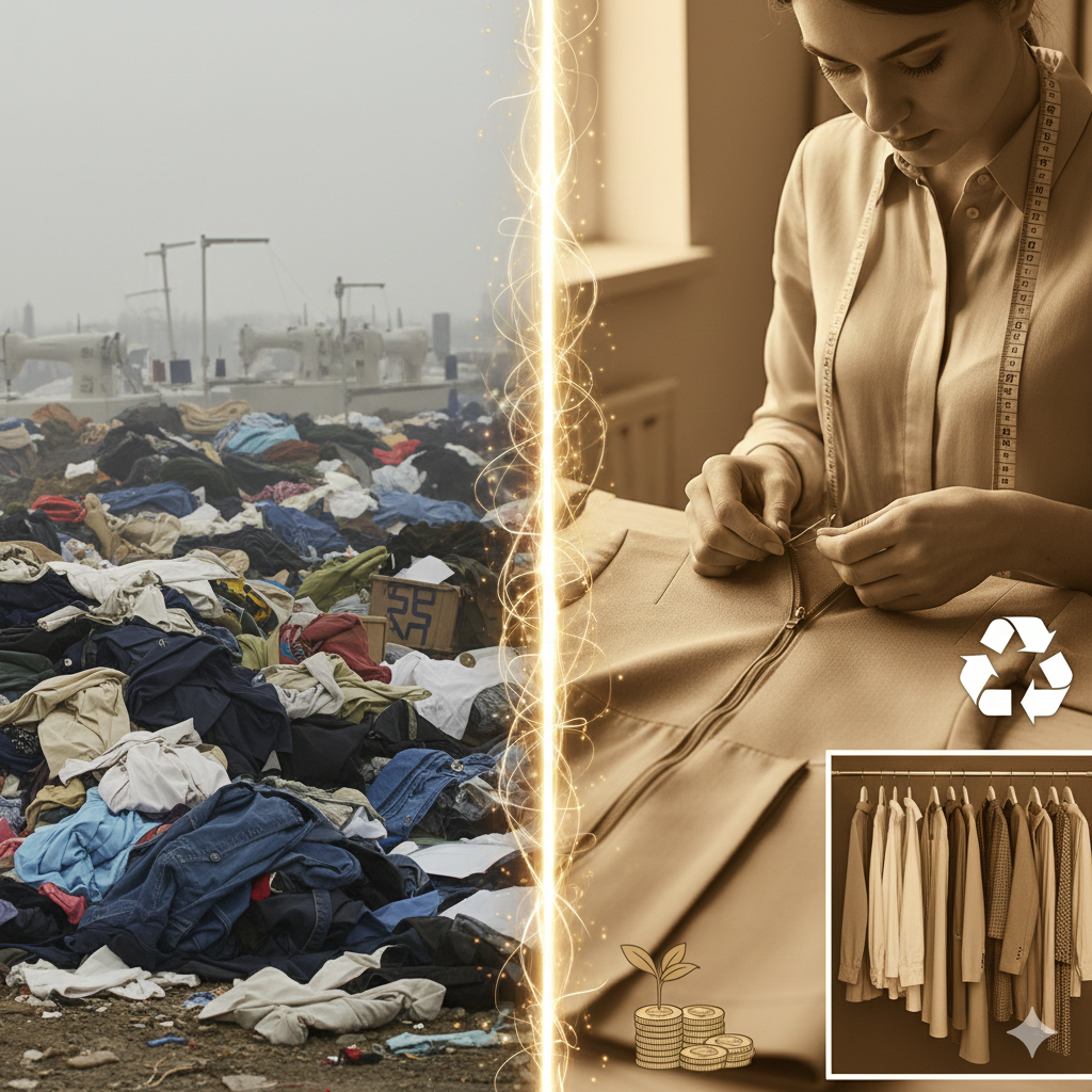 Comparação visual entre uma pilha gigante de lixo têxtil e uma artesã costurando uma peça de roupa de alta qualidade, com ícones de reciclagem, dinheiro e um guarda-roupa bem organizado. Ilustra a transição da moda descartável para a moda sustentável.