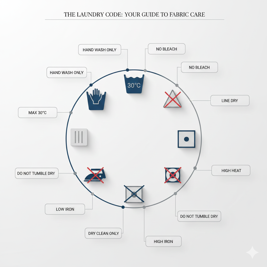 Infográfico moderno intitulado "The Laundry Code", apresentando um círculo com os principais símbolos internacionais de lavagem. Inclui ícones como o balde de lavagem manual, o triângulo de alvejante proibido e o ferro de passar com diferentes temperaturas, todos com legendas explicativas em inglês para guiar o cuidado têxtil.