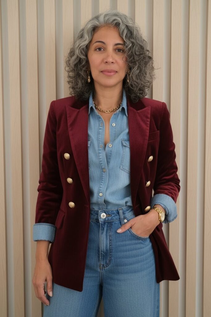 imagem mostra look monocromático com um blazer vintage saido de brechó.