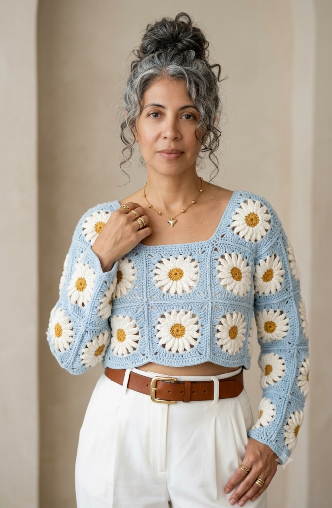 imagem de modelo com uma blusa de croche demonstrando o tema.